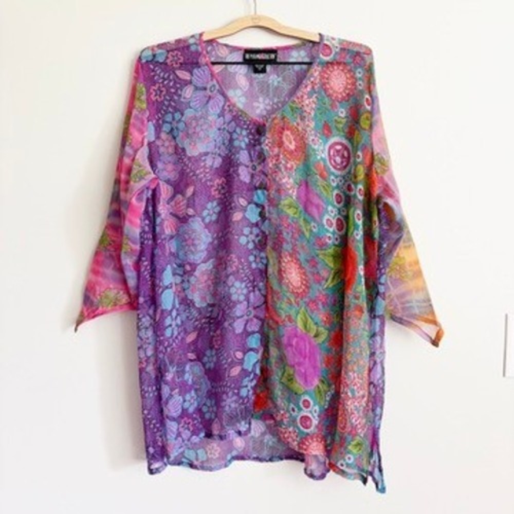 Pyramid Collection Floral Sheer Chiffon Tunic Top 2X Boho Button Up Colorful